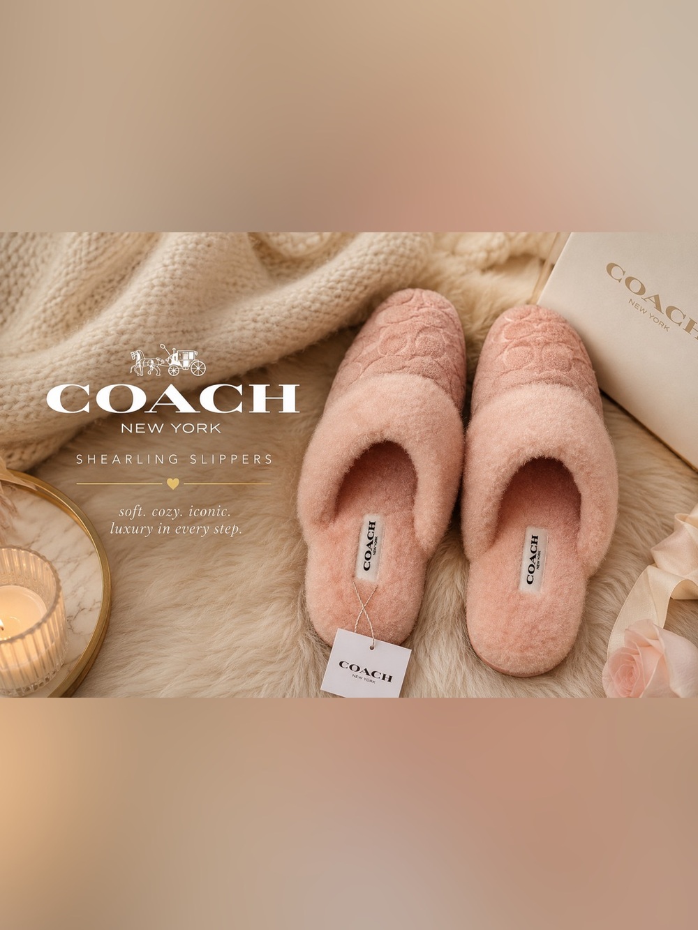 Coach Pink Shearling Monogram Slippers NWT | Cozy Luxury House Shoes | 6